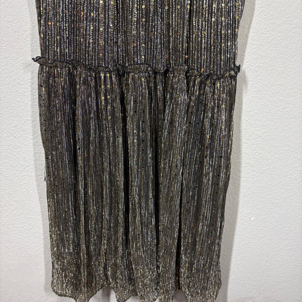Ina [i:na] Large Metallic Gold Midi Tiered Dress Mock Neck Keyhole Sleeveless - Picture 5 of 10